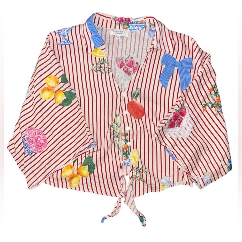 Calypso St. Barth Striped Multicolor Linen Blend Blouse Large
